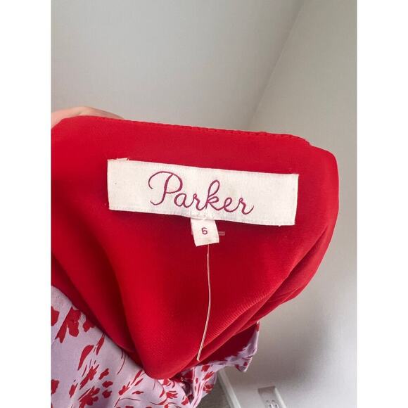 Parker Jennifer Kaia Print Ruffle Combo Wrap Midi Dress Red/Pink Women's Size 6 - Picture 9 of 10